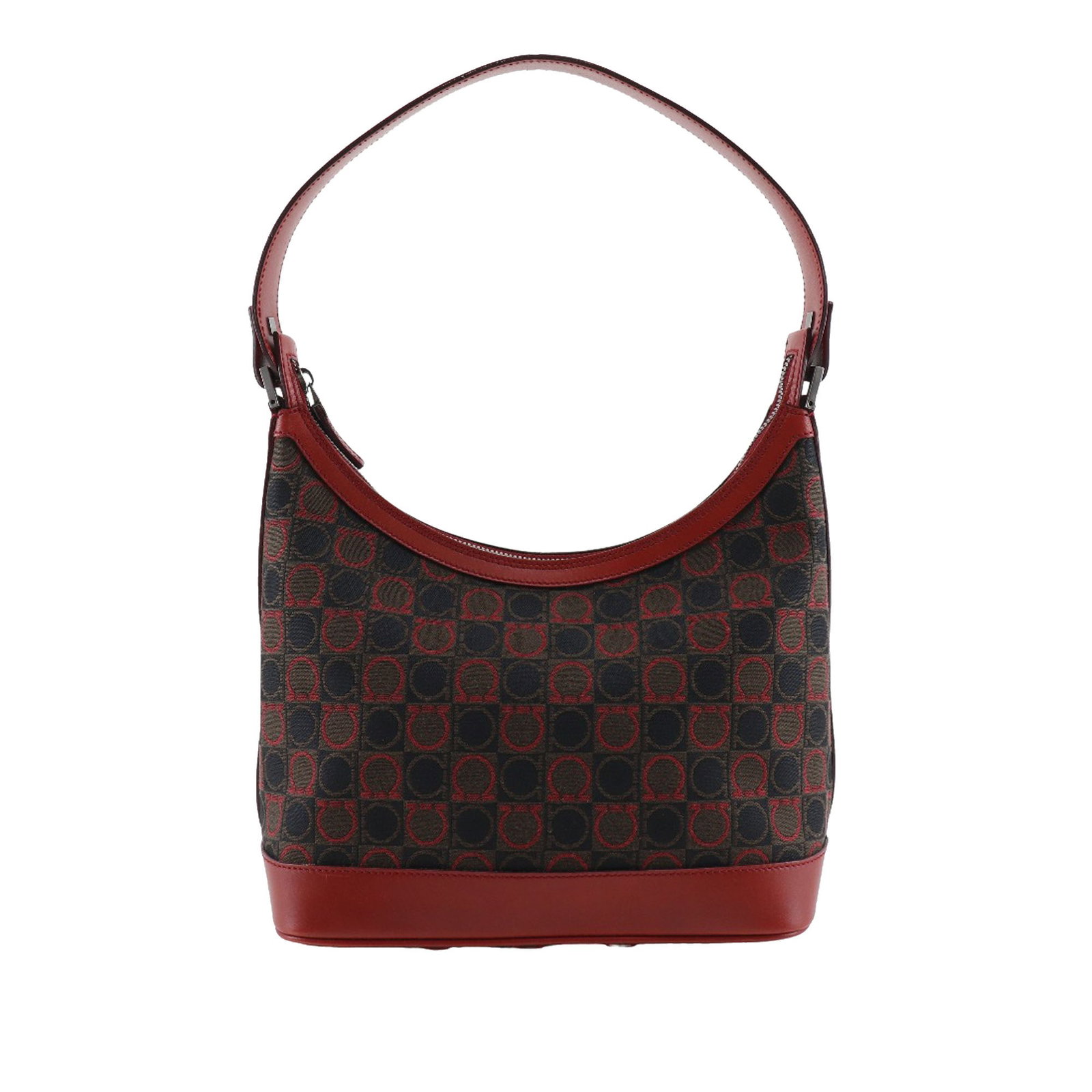 Brown Gancini Canvas Shoulder Purse with Leather Trim by Ferragamo: Brown Gancini Canvas Shoulder Purse with Leather Trim by Ferragamo This Ferragamo Gancini shoulder bag features a canvas body with leather trim, a flat leather strap, a top zip closure, and an interio