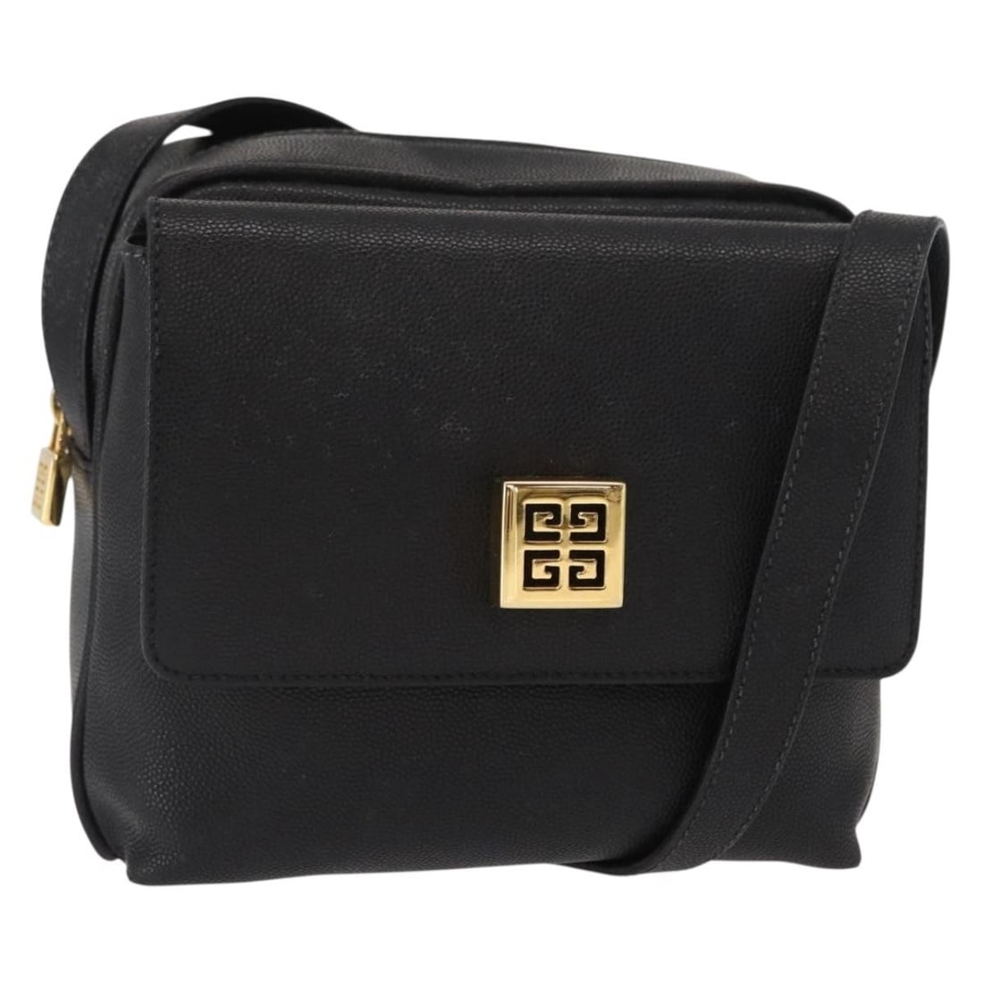 Givenchy Black Leather Shoulder Bag with Gold Accents and Dust Bag: Givenchy Black Leather Shoulder Bag with Gold Accents and Dust Bag This Givenchy shoulder bag features black leather with gold accents, crafted in Italy. It offers a compact and stylish design with a 