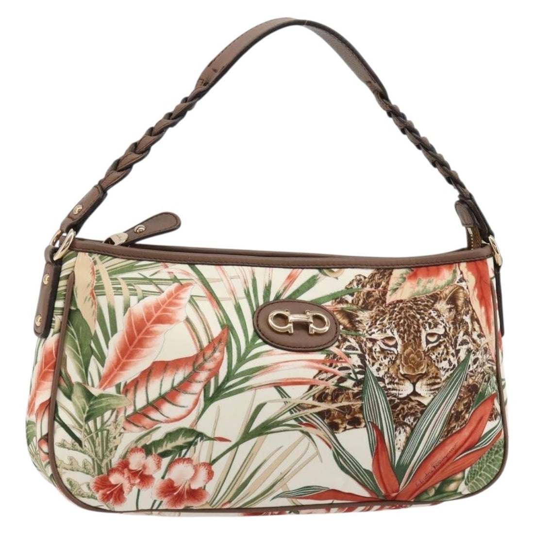 Salvatore Ferragamo Multicolor Canvas Gancini Shoulder Bag: Salvatore Ferragamo Multicolor Canvas Gancini Shoulder Bag This Salvatore Ferragamo Gancini shoulder bag features a vibrant animal pattern on durable multicolor canvas. Designed for women, the bag off