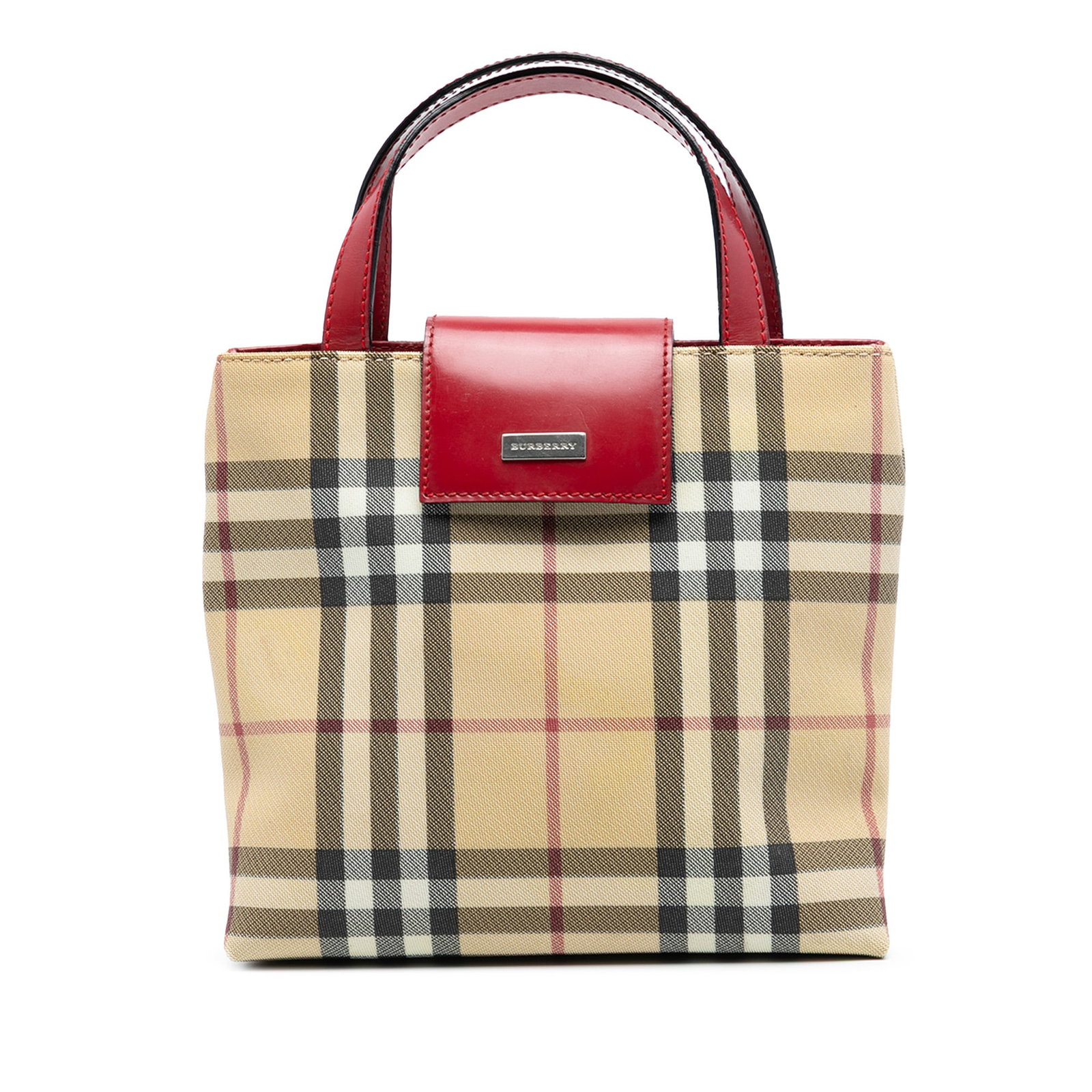 Burberry House Check Plaid Coated Canvas Shoulder Bag: Burberry House Check Plaid Coated Canvas Shoulder Bag This Burberry House Check handbag features a classic plaid coated canvas body with flat leather handles and a top strap secured by a magnetic clos