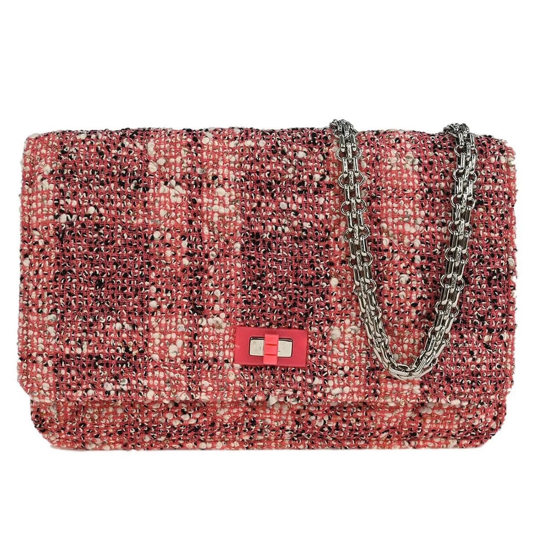 Chanel Reissue 2.55 Pink Tweed Flap Shoulder Bag with Resin Accent: Chanel Reissue 2.55 Pink Tweed Flap Shoulder Bag with Resin Accent This Chanel Reissue 2.55 Flap Bag features a quilted pink tweed exterior accented with resin detail. Designed for women, it offers a 