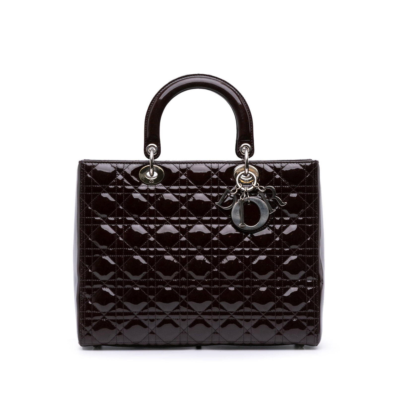 Dior Large Patent Cannage Lady Dior Red Leather Bag: Dior Large Patent Cannage Lady Dior Red Leather Bag This Lady Dior handbag showcases a quilted patent leather body in red, complemented by flat leather top handles and a detachable flat leather strap.