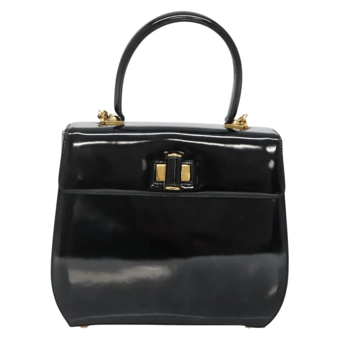 Black Patent Leather Salvatore Ferragamo Gancini Shoulder Bag: Black Patent Leather Salvatore Ferragamo Gancini Shoulder Bag This Salvatore Ferragamo Gancini handbag is crafted from black patent leather with a structured silhouette. It features metal fittings and