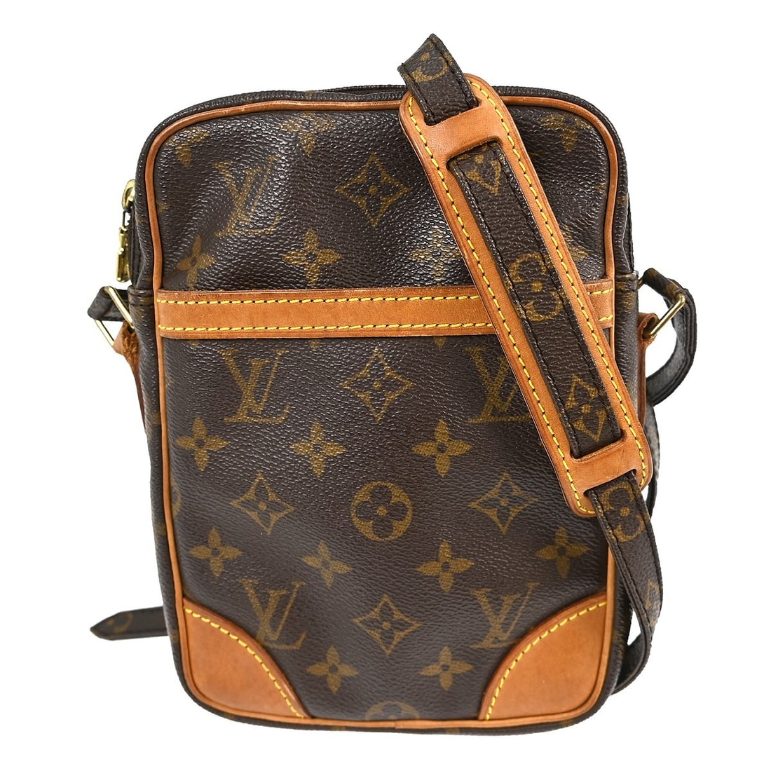 Louis Vuitton Danube M45266 Monogram Canvas Crossbody Bag: Louis Vuitton Danube M45266 Monogram Canvas Crossbody Bag Vintage Louis Vuitton Danube shoulder bag in brown Monogram canvas with leather trim and an adjustable crossbody strap. This zip-closure bag f