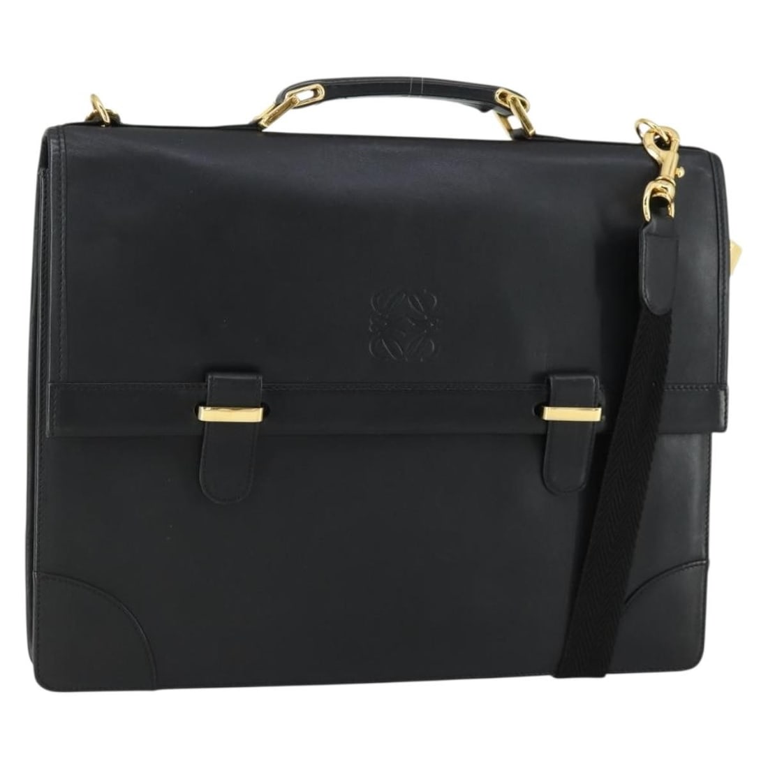 LOEWE Anagram leather business tote black gold with shoulder strap: LOEWE Anagram leather business tote black gold with shoulder strap This LOEWE Anagram business bag is crafted from black and gold leather and offers a versatile 2-way carry with both top handles and a