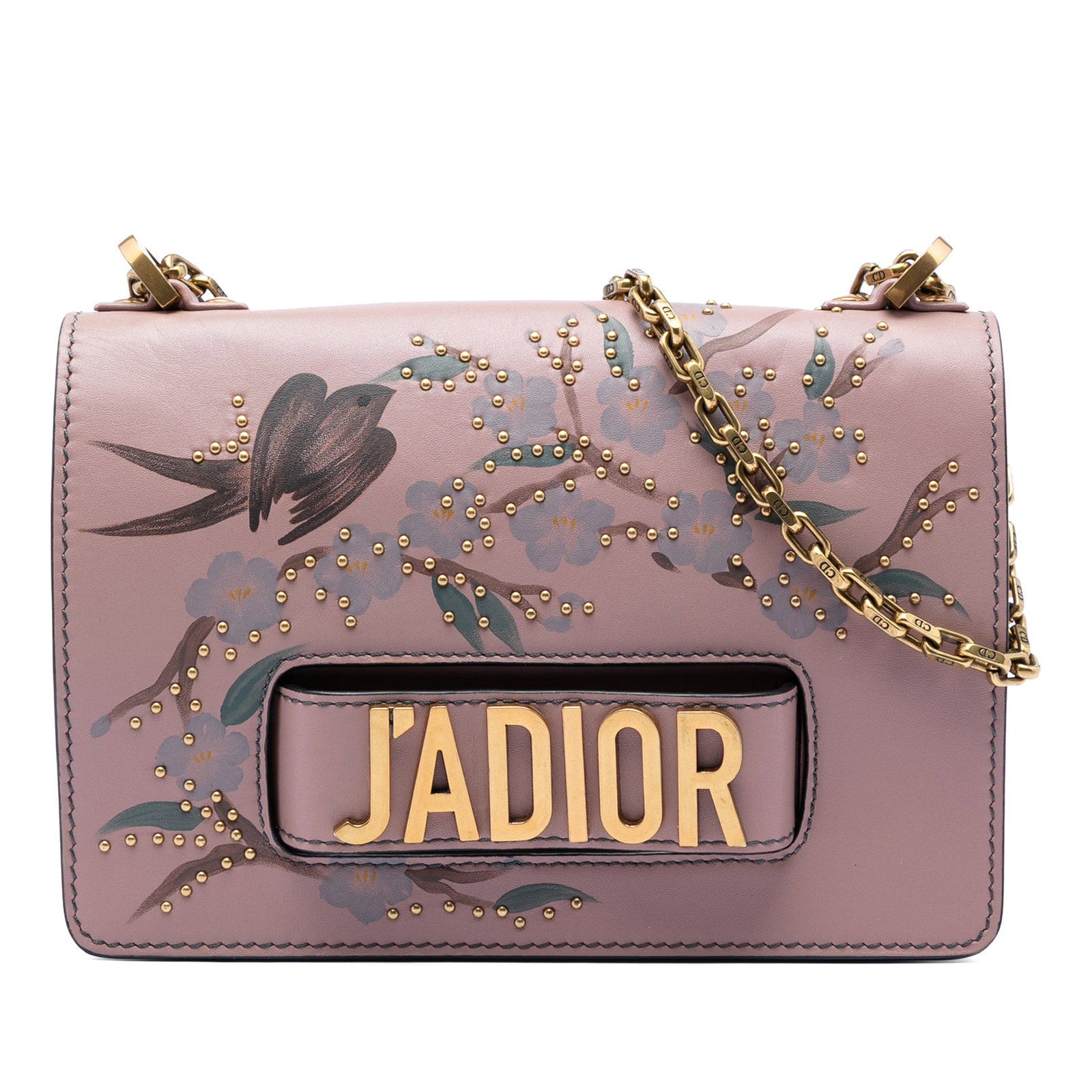 Dior JAdior Chain Flap Pink Leather Shoulder Bag: Dior JAdior Chain Flap Pink Leather Shoulder Bag This Dior Jardin Japonais Medium Calfskin J'Adior Chain Flap bag features a studded pink leather body with a gold-tone curb chain strap. It is designed