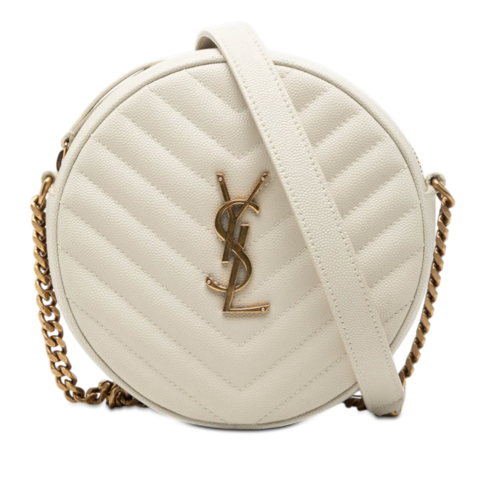 Saint Laurent Chevron Leather Round Crossbody Camera Bag White: Saint Laurent Chevron Leather Round Crossbody Camera Bag White This Saint Laurent Grain De Poudre Chevron Round Vinyle Camera Bag is crafted from grained quilted leather in a chevron pattern. The bag 