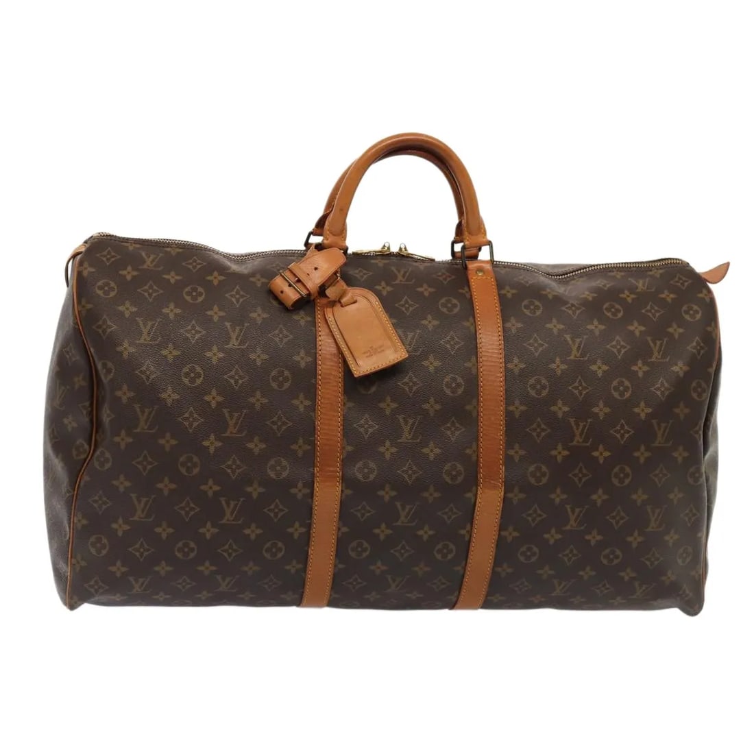 Louis Vuitton Keepall Monogram Canvas Unisex Travel Bag 60cm: Louis Vuitton Keepall Monogram Canvas Unisex Travel Bag 60cm This Louis Vuitton Keepall Bag features the iconic monogram canvas in brown and is designed for unisex use. The bag shows signs of use, inc