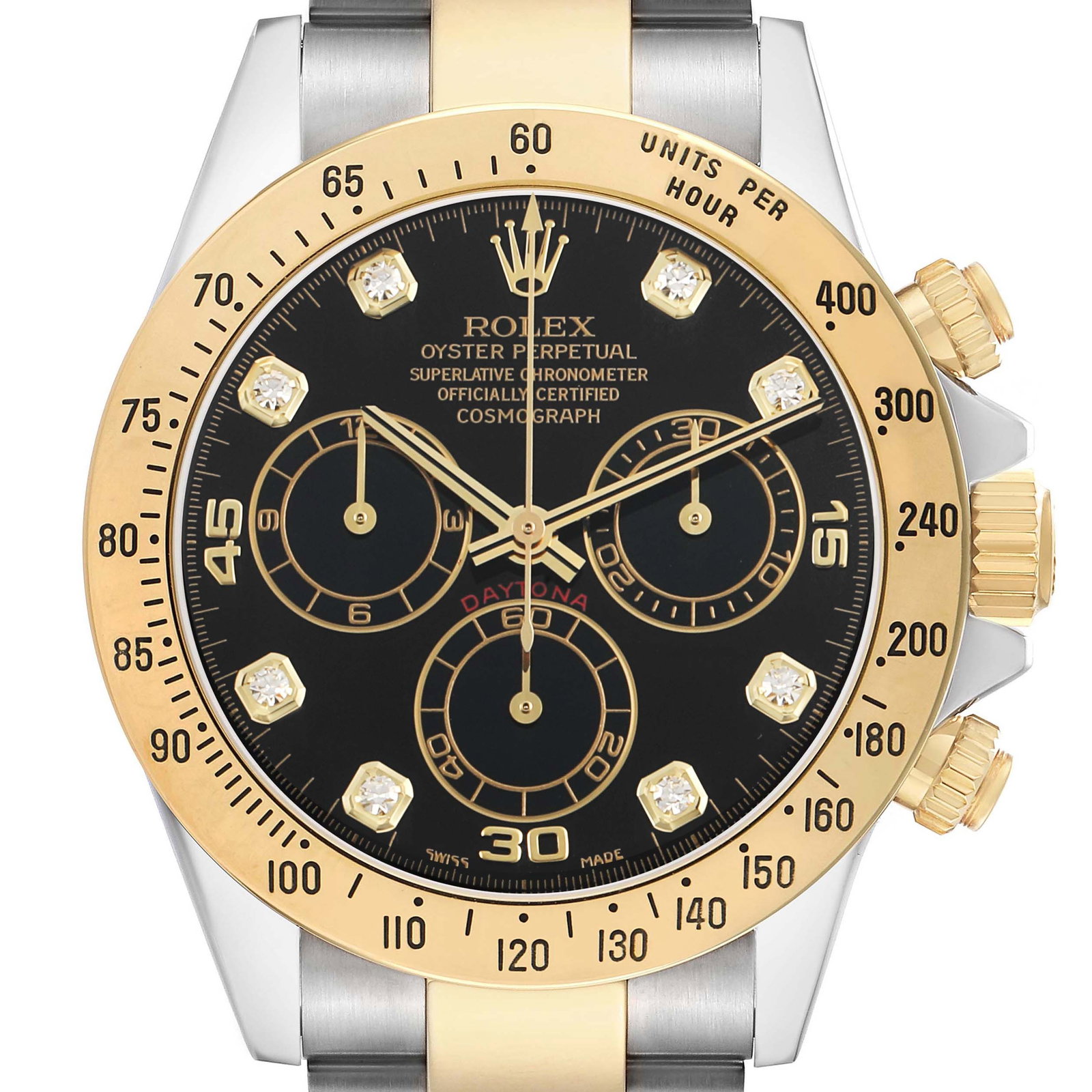 Rolex Daytona 116523 Black Diamond Dial Oyster Bracelet Card: Rolex Daytona 116523 Black Diamond Dial Oyster Bracelet Card This Rolex Daytona features a striking black diamond dial and is paired with an Oyster bracelet. The watch has a fixed bezel and belongs to