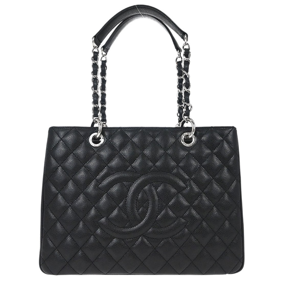 CHANEL GST Grand Shopping Tote Black Calfskin Chain Bag: CHANEL GST Grand Shopping Tote Black Calfskin Chain Bag Chanel Grand Shopping Tote GST chain handbag in black caviar skin leather with double handles and logo accent. This large tote features a zip-to