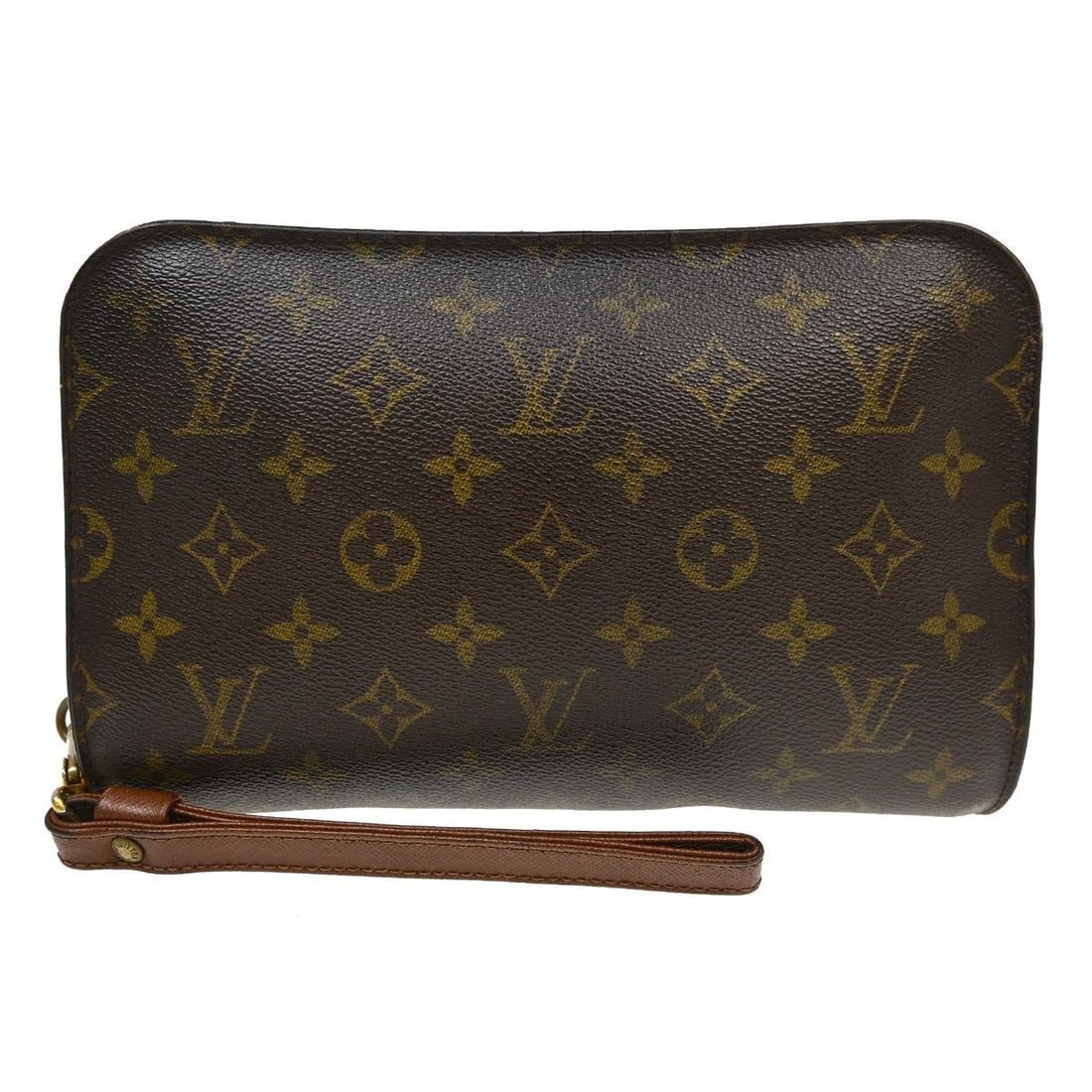Louis Vuitton Orsay Monogram Canvas Clutch Bag M51790: Louis Vuitton Orsay Monogram Canvas Clutch Bag M51790 Vintage Louis Vuitton Orsay clutch handbag in brown monogram canvas with leather trim. This zip-top clutch features one exterior pocket and one in
