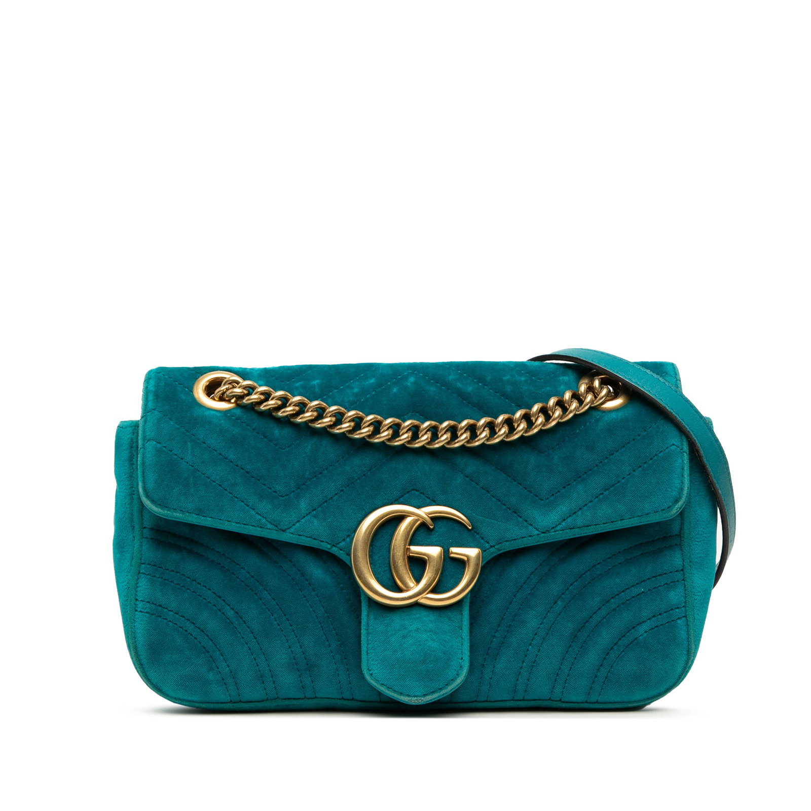 Gucci GG Marmont Medium Blue Velvet Shoulder Bag: Gucci GG Marmont Medium Blue Velvet Shoulder Bag Medium GG Marmont Matelasse shoulder bag in blue quilted velvet with a curb chain link strap and leather guard. The flap secures with a magnetic snap c