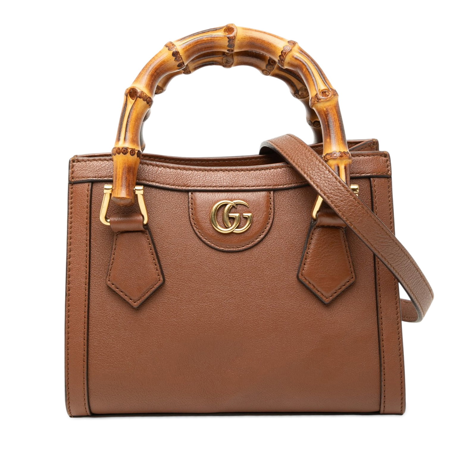 Gucci Diana Mini Bamboo Handle Calfskin Leather Satchel: Gucci Diana Mini Bamboo Handle Calfskin Leather Satchel Mini satchel in brown calfskin leather with bamboo handles and a detachable flat leather strap. The open top secures with a magnetic snap button