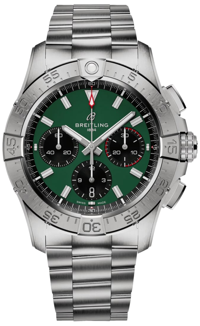 Men's Breitling Avenger B01 Chronograph Green Dial Steel Watch AB0146101L1A1 Card: Men's Breitling Avenger B01 Chronograph Green Dial Steel Watch AB0146101L1A1 Card The Breitling Avenger B01 Chronograph features a striking green dial paired with a robust steel bracelet. This men's c