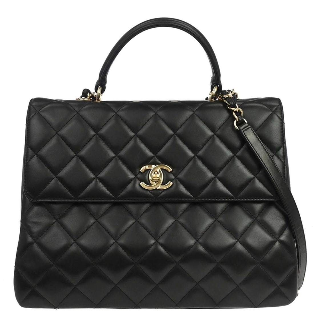 CHANEL Medium Black Lambskin Top Handle Bag with Shoulder Strap: CHANEL Medium Black Lambskin Top Handle Bag with Shoulder Strap Chanel 2way top handle handbag in black lambskin with a turn-lock closure and leather lining. This medium bag features logo accents, one