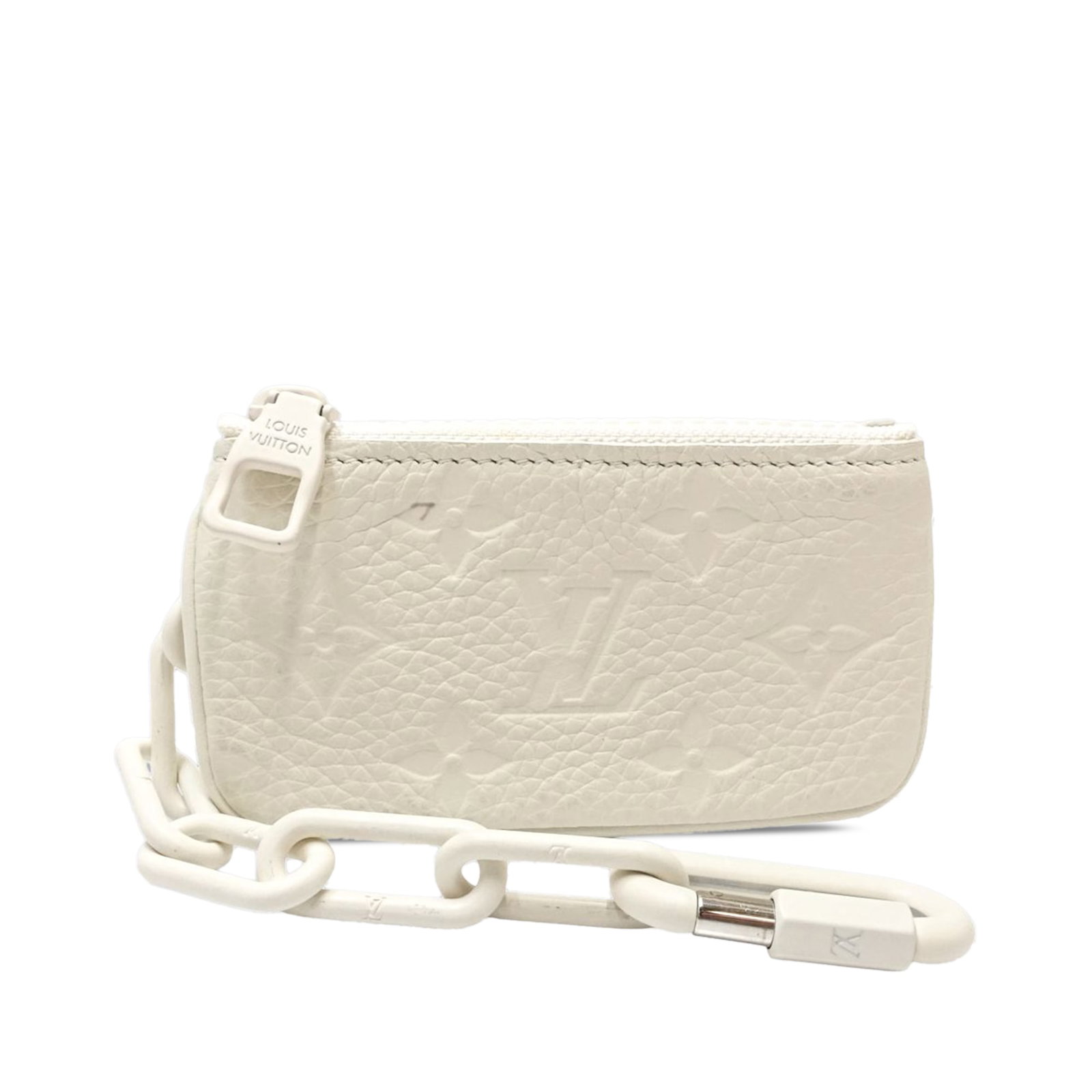 Louis Vuitton Monogram Empreinte Leather Coin Pouch with Chain: Louis Vuitton Monogram Empreinte Leather Coin Pouch with Chain Louis Vuitton Monogram Empreinte Pochette Cles in white leather with a monogram empreinte body, chain link with carabiner attachment, and