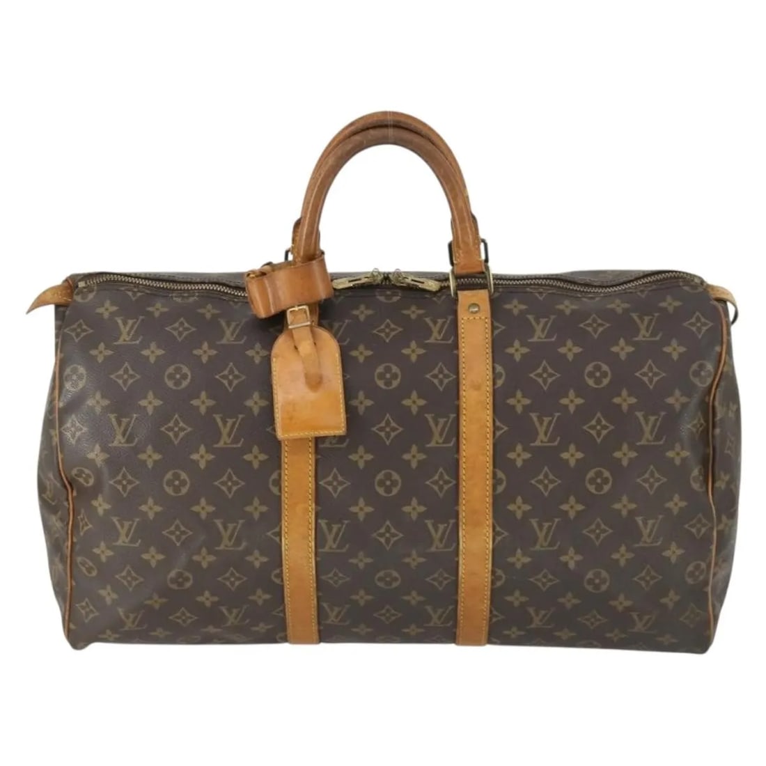 Keepall Monogram Brown Canvas Unisex Travel Bag by Louis Vuitton: Keepall Monogram Brown Canvas Unisex Travel Bag by Louis Vuitton This Louis Vuitton Keepall Bag features the iconic Monogram canvas design in brown, crafted for unisex use. The bag shows signs of wear