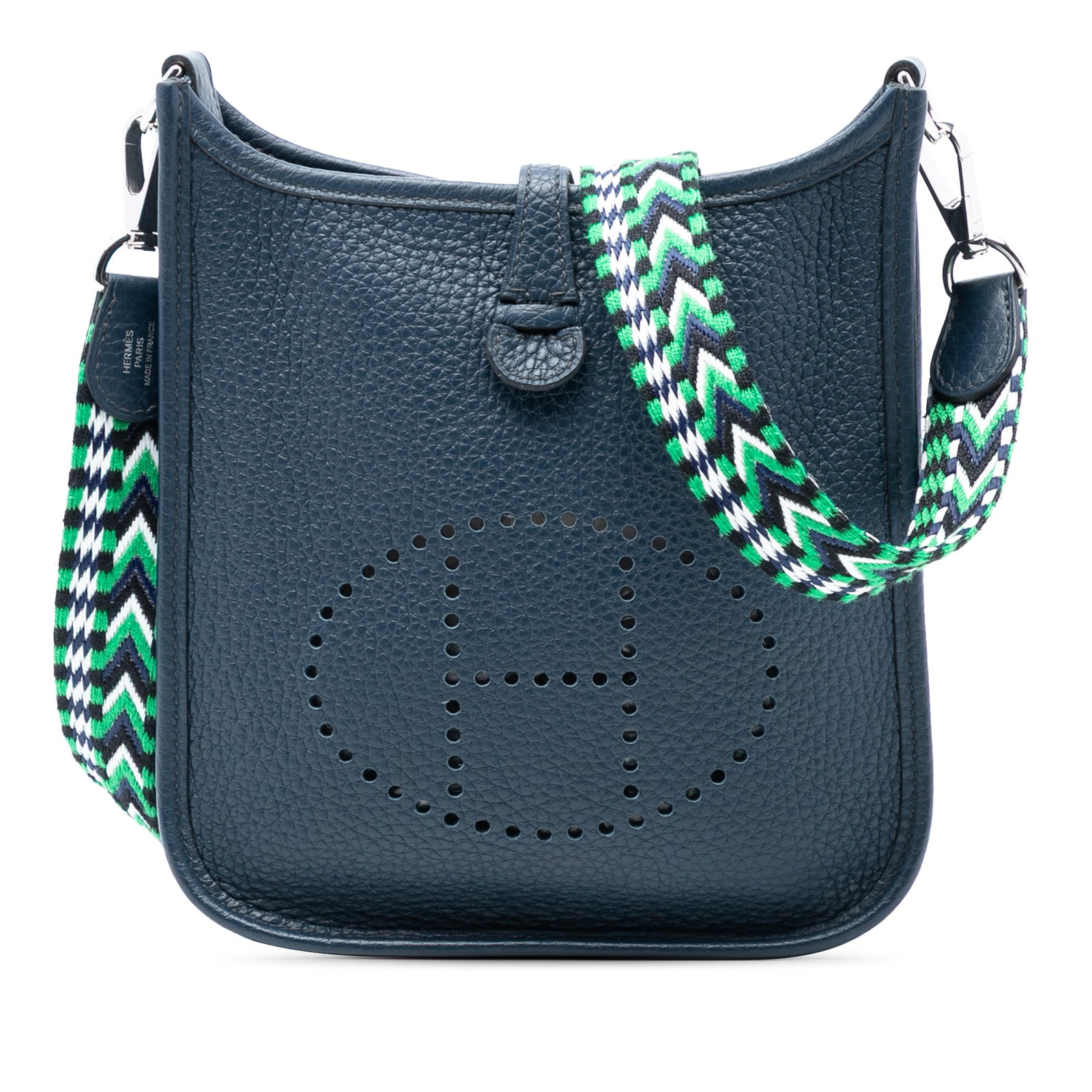 Hermes Bleu de Prusse Clemence Leather Evelyne 16 Amazone Shoulder Bag: Hermes Bleu de Prusse Clemence Leather Evelyne 16 Amazone Shoulder Bag The Hermes Clemence Evelyne 16 Amazone showcases a durable Clemence leather body in Bleu de Prusse, complemented by a flat canvas
