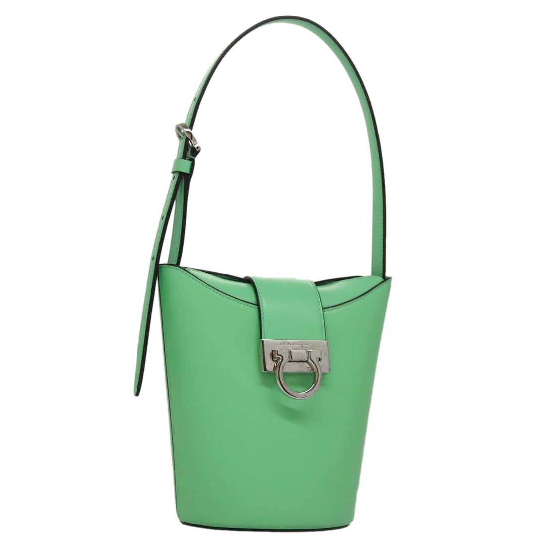 Salvatore Ferragamo Gancini Leather Shoulder Bag in Green with Dust Bag: Salvatore Ferragamo Gancini Leather Shoulder Bag in Green with Dust Bag Salvatore Ferragamo Gancini shoulder bag in green leather with silver-tone accents. Made in Italy, this women's bag includes a d