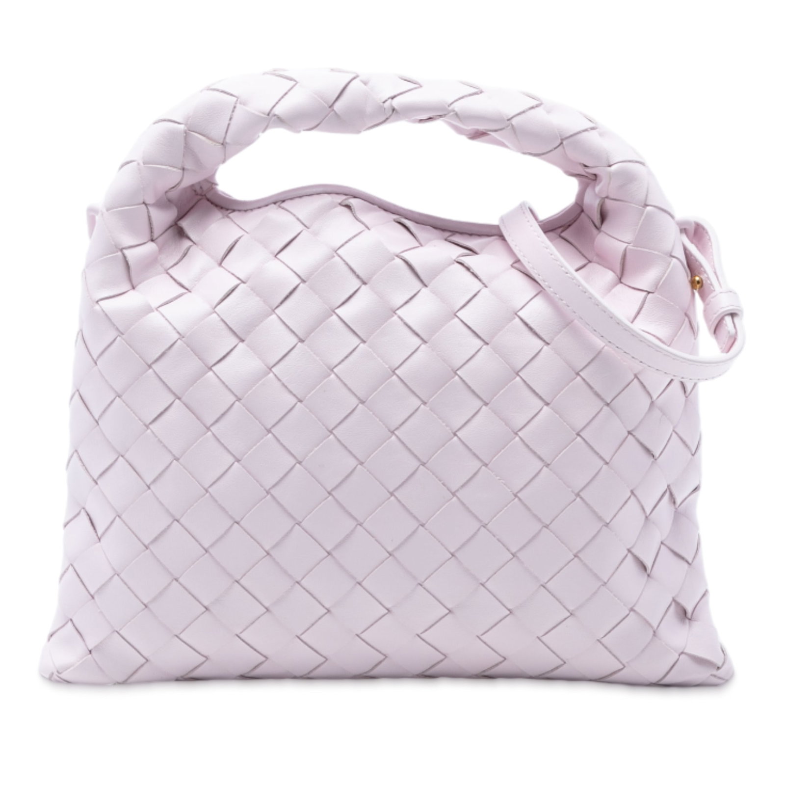 Pink Mini Intrecciato Leather Satchel by Bottega Veneta with Woven Handle: Pink Mini Intrecciato Leather Satchel by Bottega Veneta with Woven Handle This Bottega Veneta Mini Calfskin Intrecciato Hop Satchel features a woven leather body and a woven leather handle. It has an 