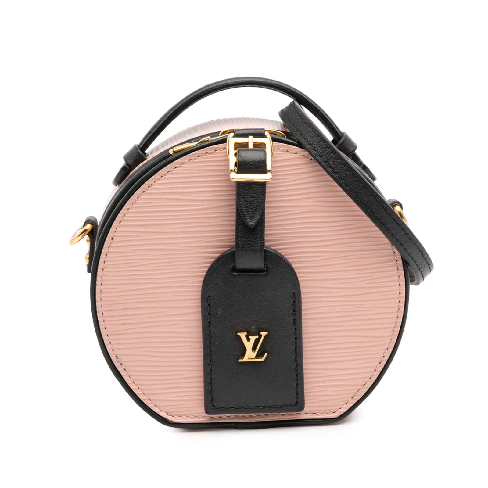 Louis Vuitton Pink Epi Mini Boite Chapeau Bag with Leather Strap: Louis Vuitton Pink Epi Mini Boite Chapeau Bag with Leather Strap The Louis Vuitton Epi Mini Boite Chapeau is a stylish and functional handbag crafted from durable epi leather. This chic bag features a