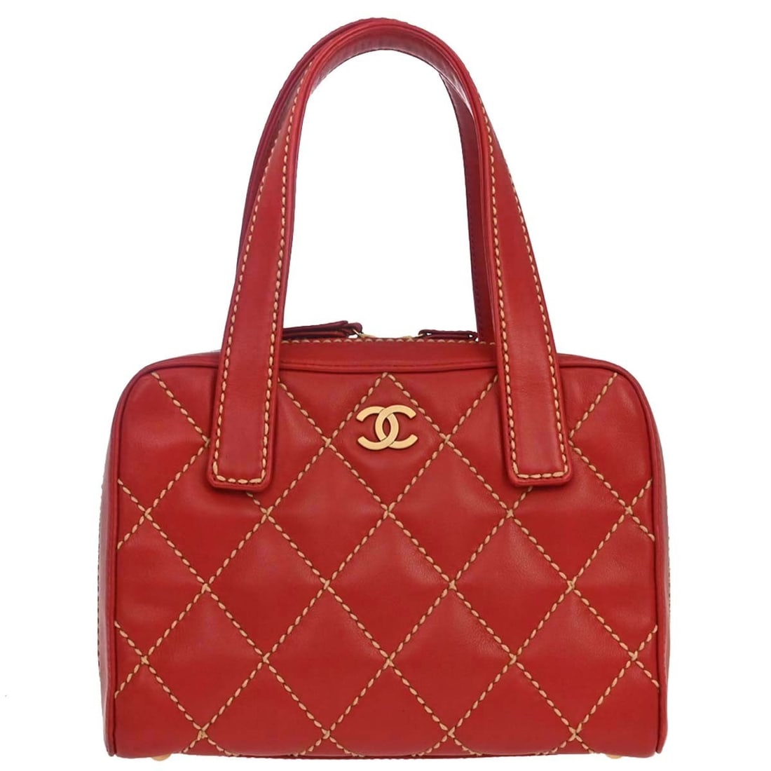 CHANEL Wild Stitch Red Calfskin Top Handle Handbag: CHANEL Wild Stitch Red Calfskin Top Handle Handbag Chanel Wild Stitch handbag in red quilted calfskin leather with a top handle and zip closure. This medium handbag is made in Italy and features botto
