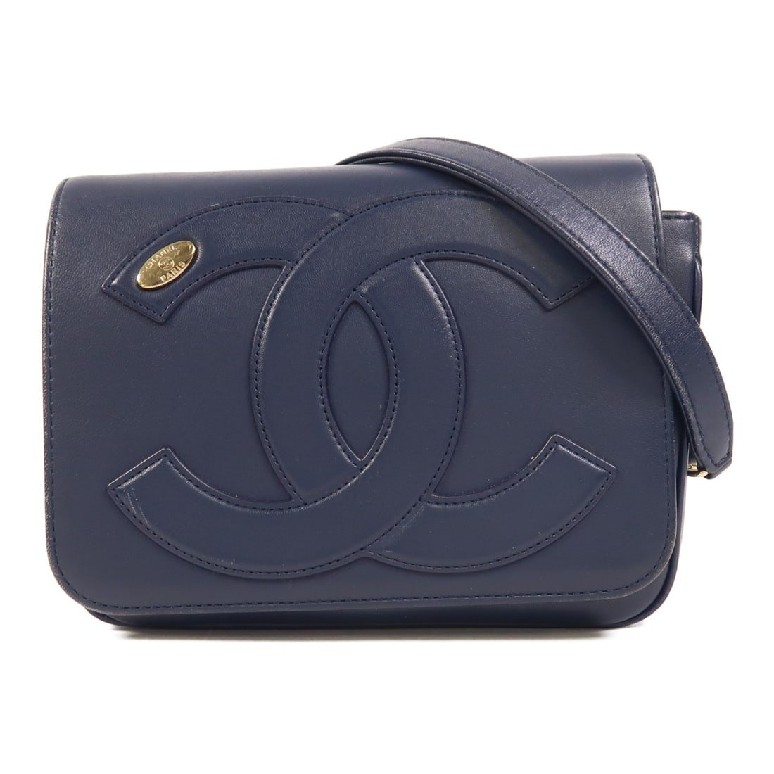 Chanel CC Mania Blue Lambskin Flap Shoulder Bag with Gold Hardware: Chanel CC Mania Blue Lambskin Flap Shoulder Bag with Gold Hardware This CHANEL CC Mania Flap Chain Shoulder Bag is crafted from blue lambskin leather and features a classic flap design with chain shou