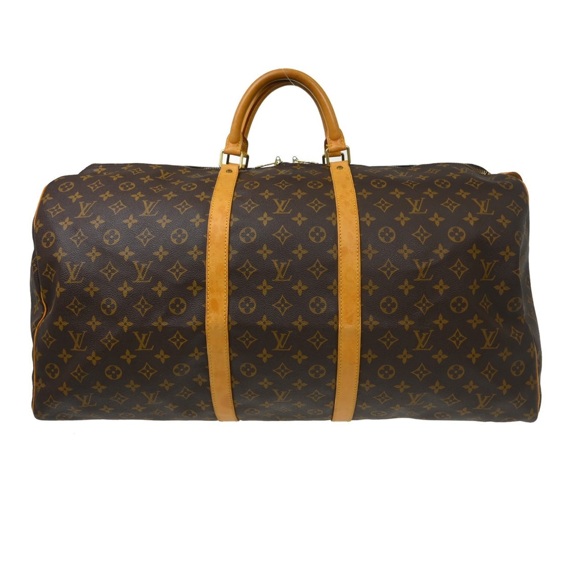 Vintage Louis Vuitton Keepall 60 Monogram Duffle Bag M41422: Vintage Louis Vuitton Keepall 60 Monogram Duffle Bag M41422 Vintage Louis Vuitton Keepall 60 travel handbag in the Monogram line, styled as an extra large duffle with double leather handles and a zip 