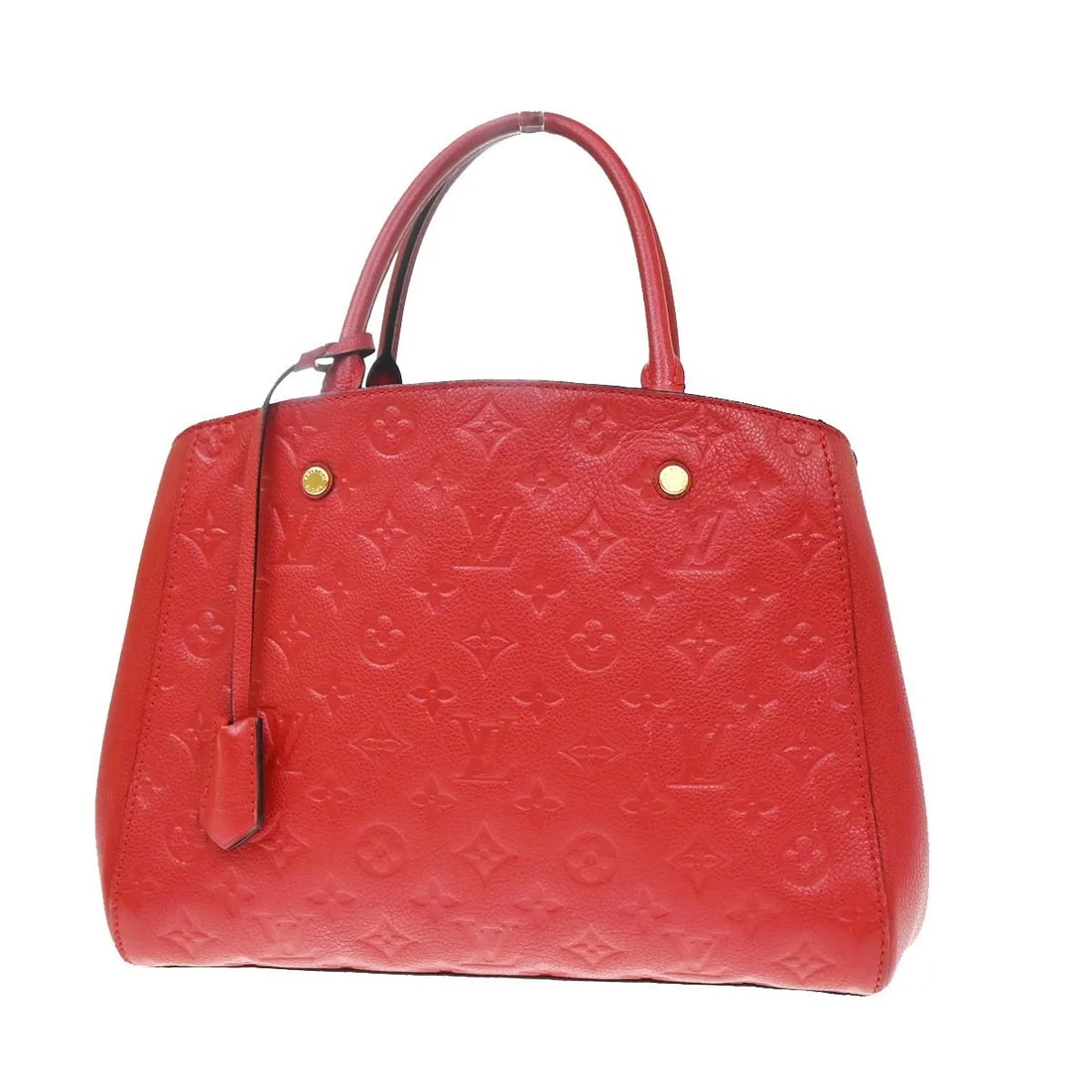 Louis Vuitton Montaigne red leather handbag with clochette: Louis Vuitton Montaigne red leather handbag with clochette Louis Vuitton Montaigne handbag in red leather. This women's bag is in very good condition with visible wear, including scuffs, dirt, stains,