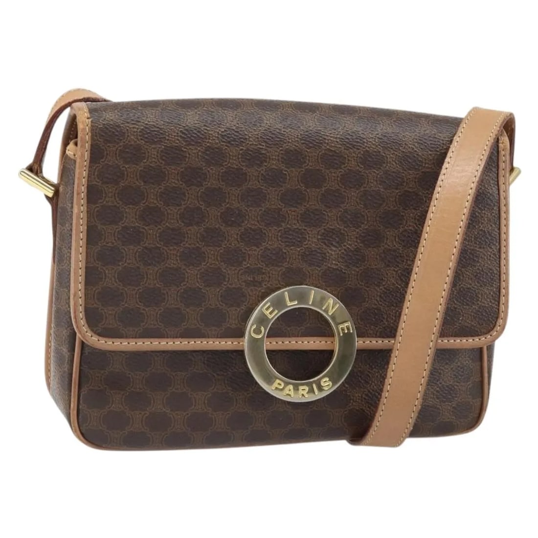 Celine Macadam Circle Logo Shoulder Bag Brown PVC Leather: Celine Macadam Circle Logo Shoulder Bag Brown PVC Leather This Celine Vintage Macadam Circle Logo Shoulder Bag features a classic design crafted from brown PVC canvas with leather accents. The bag is 
