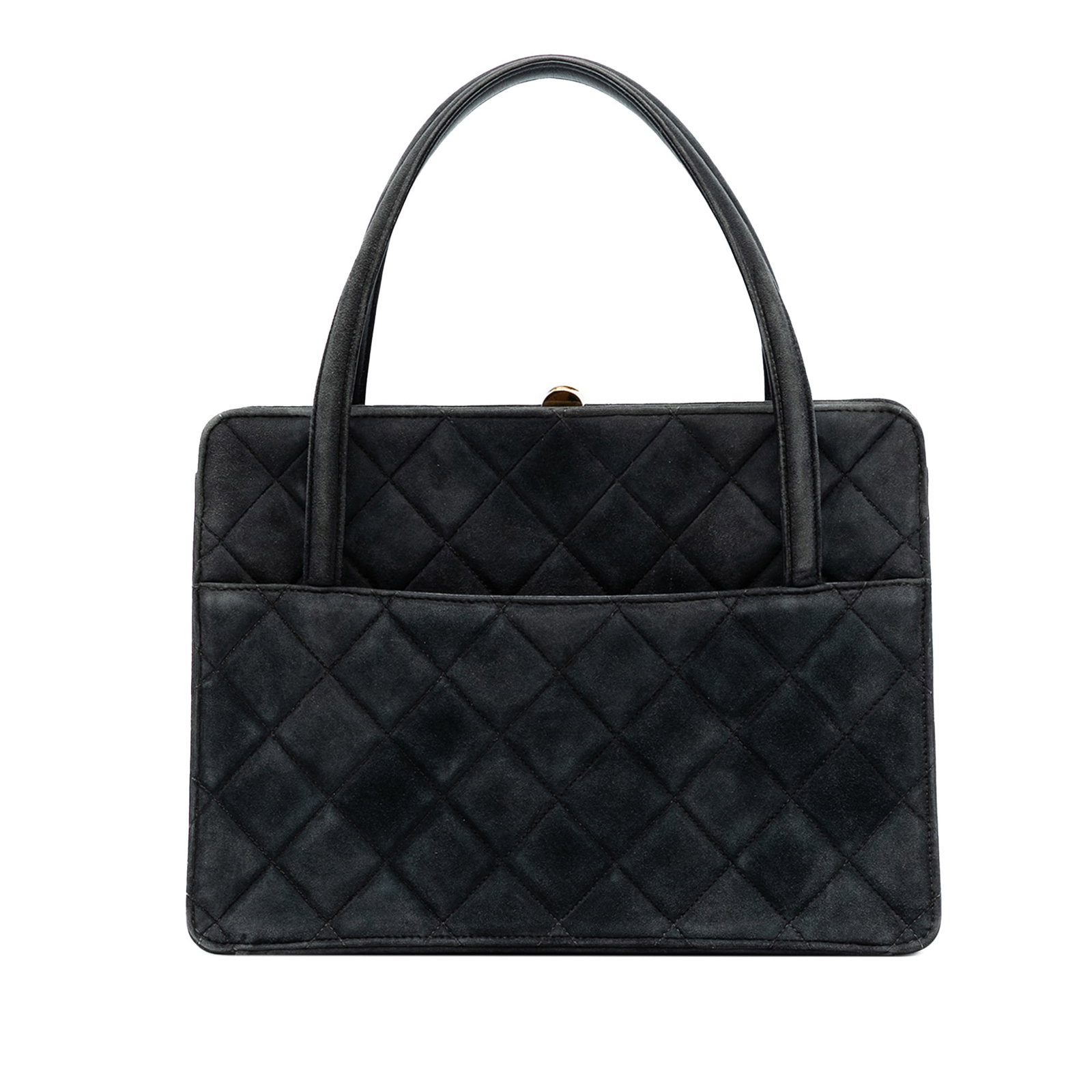 Chanel Gray Quilted Suede Handbag with Rolled Handles: Chanel Gray Quilted Suede Handbag with Rolled Handles Introducing the Chanel Quilted Suede Handbag, a stylish and sophisticated accessory crafted from premium quilted suede. This tote bag features a c