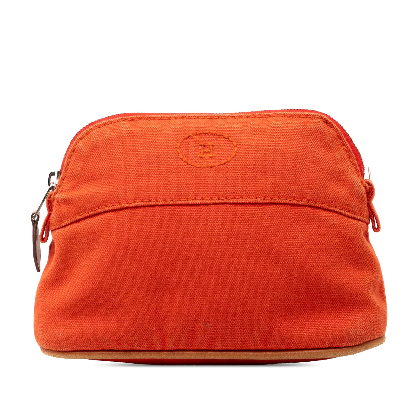 Hermes Mini Toile Bolide Case Orange Fabric Pouch: Hermes Mini Toile Bolide Case Orange Fabric Pouch The Hermes Mini Toile Bolide Case is a stylish pouch crafted from a durable canvas body complemented by leather trim. This case features a secure top 
