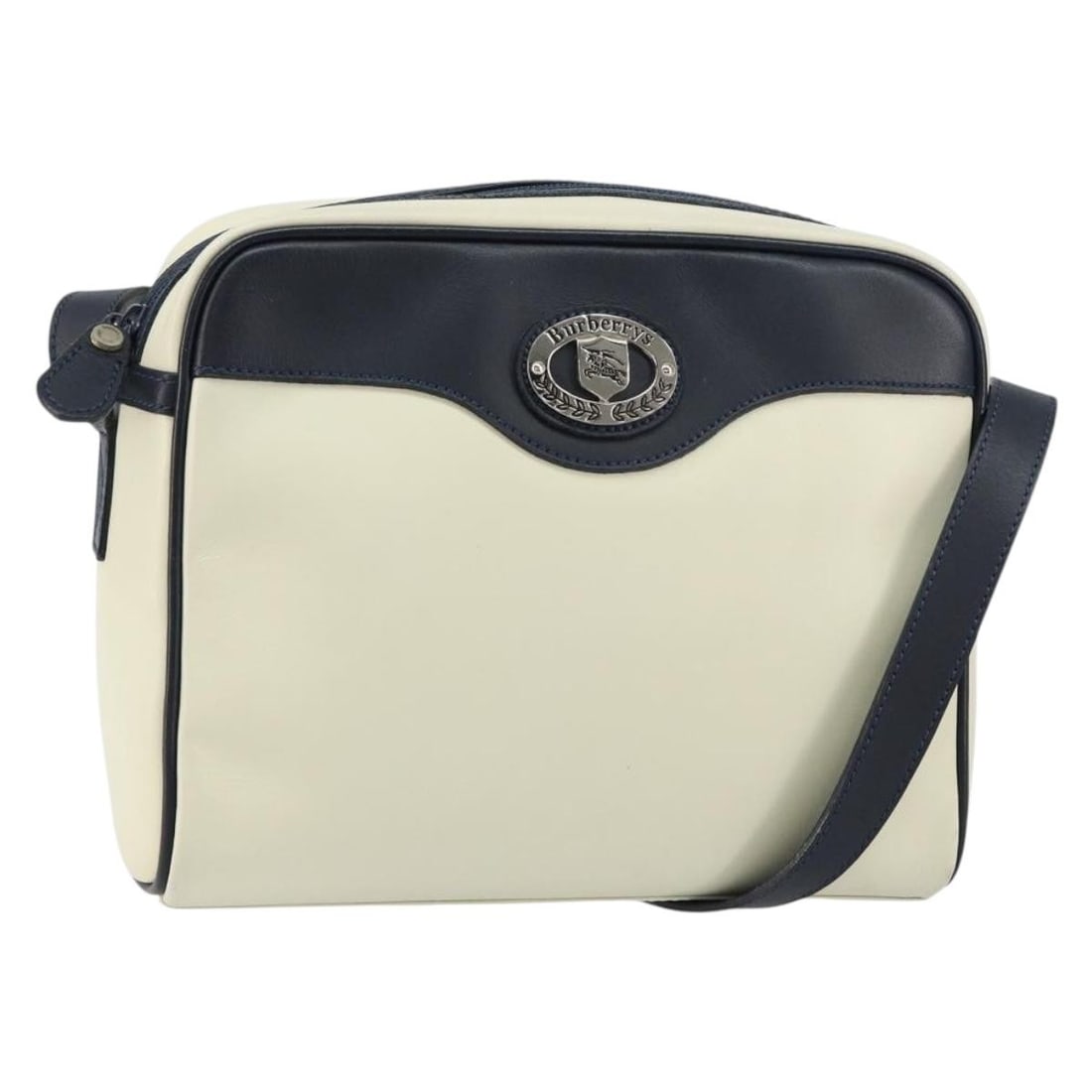 White Leather Burberrys Shoulder Bag with Adjustable Strap: White Leather Burberrys Shoulder Bag with Adjustable Strap This Burberrys shoulder bag features a white leather exterior with an adjustable strap. The bag shows slight rubbing and minor stains on the 