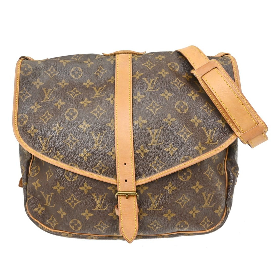 Louis Vuitton Saumur 35 Monogram Canvas Crossbody Shoulder Bag: Louis Vuitton Saumur 35 Monogram Canvas Crossbody Shoulder Bag Vintage Louis Vuitton Saumur 35 shoulder bag in the Monogram line, featuring a brown monogram canvas and leather exterior with a buckle c