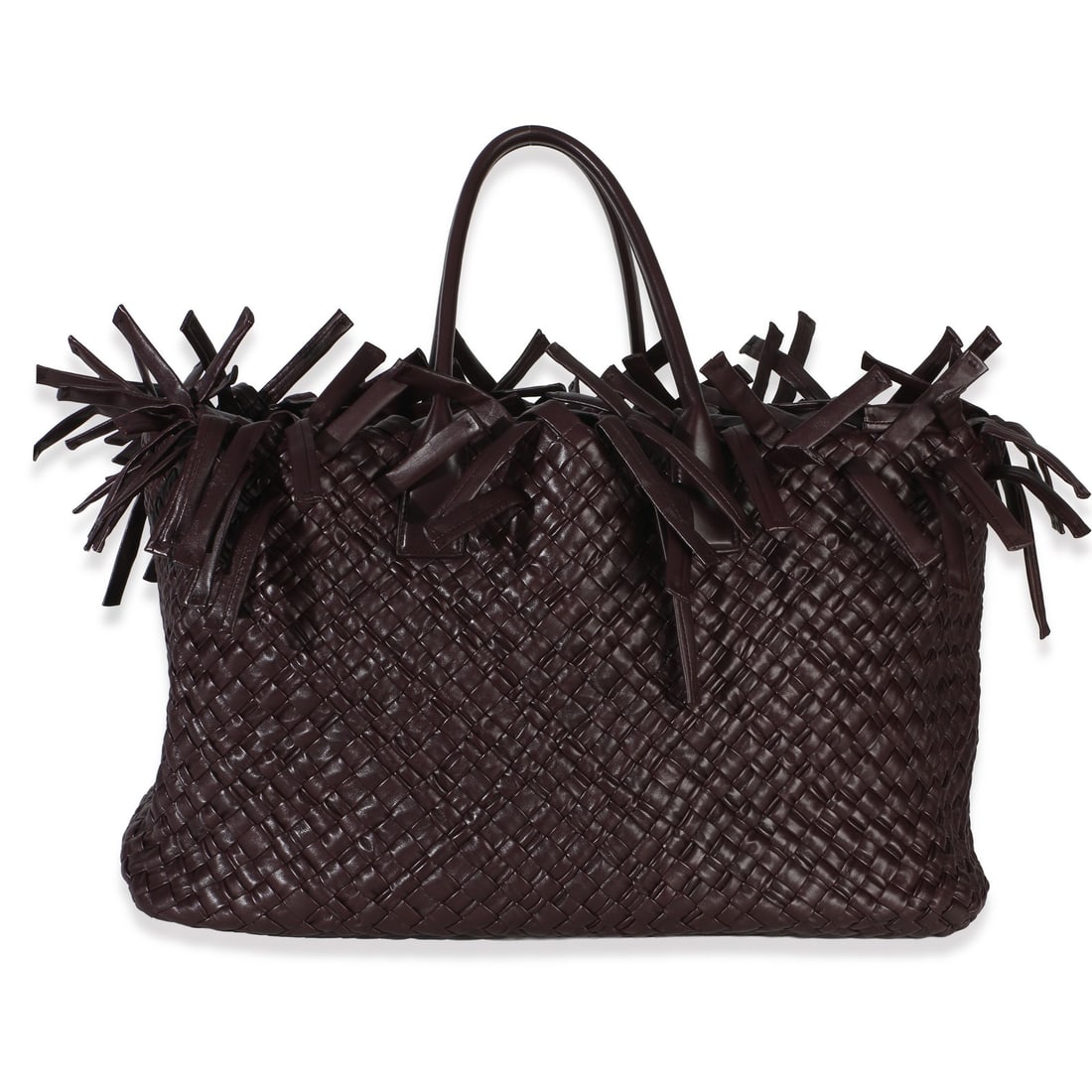 Bottega Veneta Fringe Cabat Tote Burgundy Leather Pochette Included: Bottega Veneta Fringe Cabat Tote Burgundy Leather Pochette Included This Bottega Veneta Nappa Intrecciato Fringe Oversized Cabat Tote features a luxurious burgundy leather exterior with the brand's si