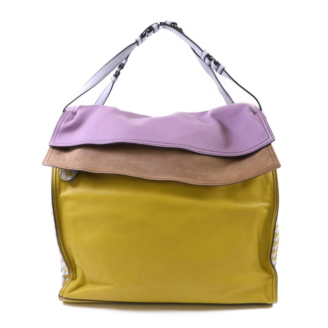 Bottega Veneta Yellow Calfskin Shoulder Bag BV: Bottega Veneta Yellow Calfskin Shoulder Bag BV This Bottega Veneta shoulder bag features a striking yellow calfskin leather exterior, complemented by purple and blue accents. Designed for women, the b