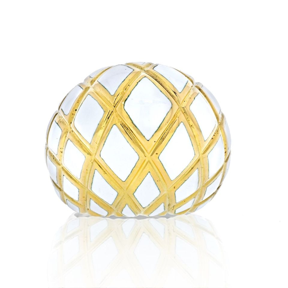 David Webb High Dome Ring Platinum 18K Yellow Gold White Enamel: David Webb High Dome Ring Platinum 18K Yellow Gold White Enamel This stunning high dome ring by David Webb features a luxurious combination of platinum and 18K yellow gold, elegantly accented with whi