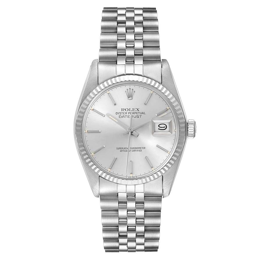 Rolex Datejust 16014 Silver Stick Dial Jubilee Bracelet: Rolex Datejust 16014 Silver Stick Dial Jubilee Bracelet This Rolex Datejust features a silver stick dial complemented by a fluted bezel and is presented on a D-Link Jubilee bracelet. The watch is iden