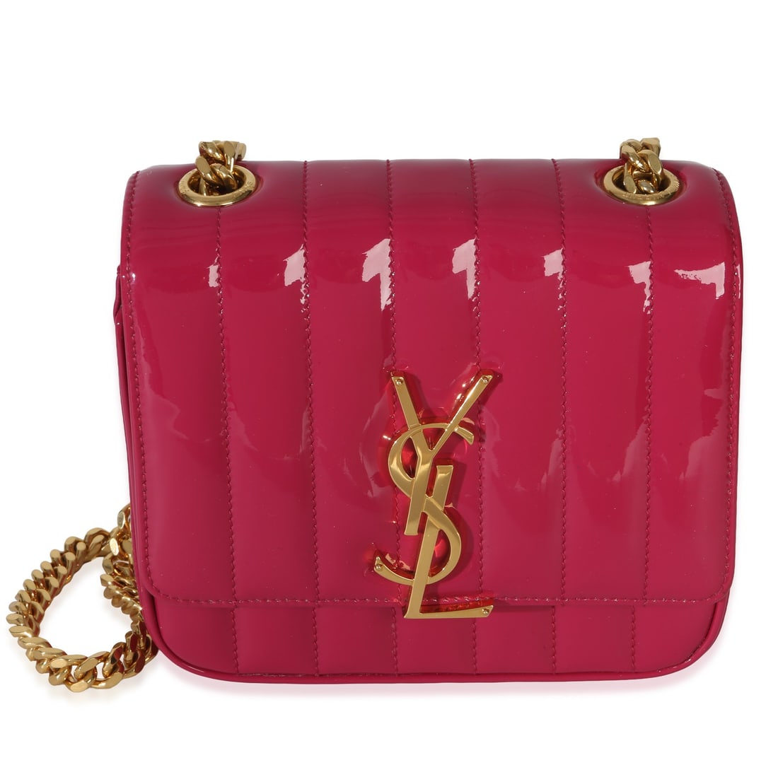 Saint Laurent Vicky Chain Bag Pink Patent Leather Small: Saint Laurent Vicky Chain Bag Pink Patent Leather Small This Saint Laurent Patent Matelasse Monogram Small Vicky Chain Bag features a striking pink patent leather exterior with gold-tone hardware and 