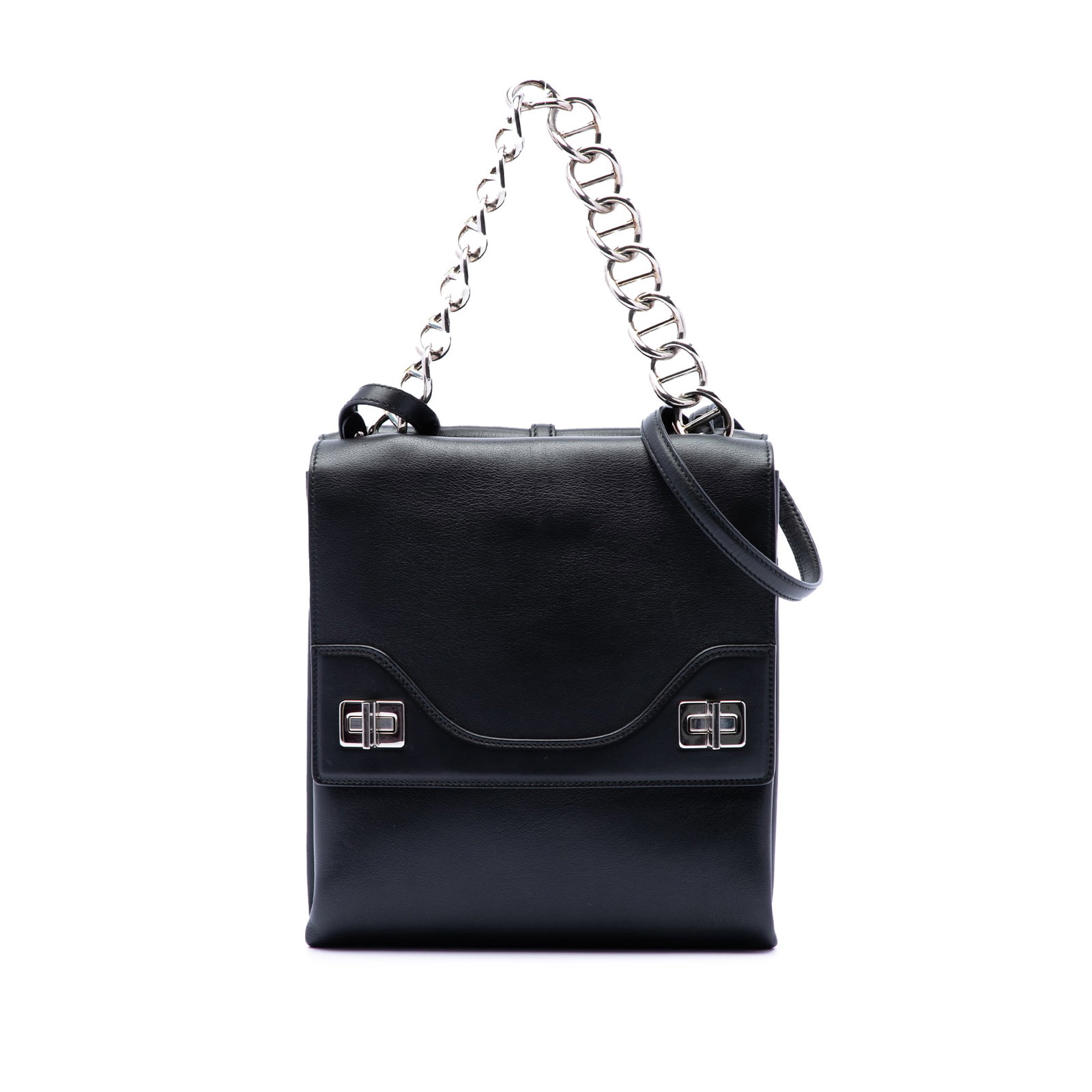 Prada Soft Calf leather satchel with chain handle and turnlock: Prada Soft Calf leather satchel with chain handle and turnlock Prada Soft Calf Double Turnlock Satchel in black leather with a chain link handle, detachable and adjustable flat strap, front flap, and 