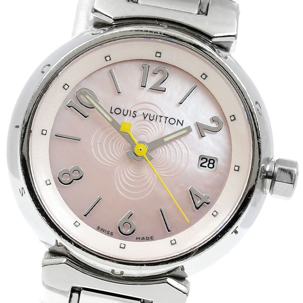 Louis Vuitton Tambour Quartz Pink Shell Ladies Date Watch Q1216: Louis Vuitton Tambour Quartz Pink Shell Ladies Date Watch Q1216 This pre-owned Louis Vuitton Tambour Date Quartz ladies wristwatch features a stainless steel case and bracelet, complemented by a pink 