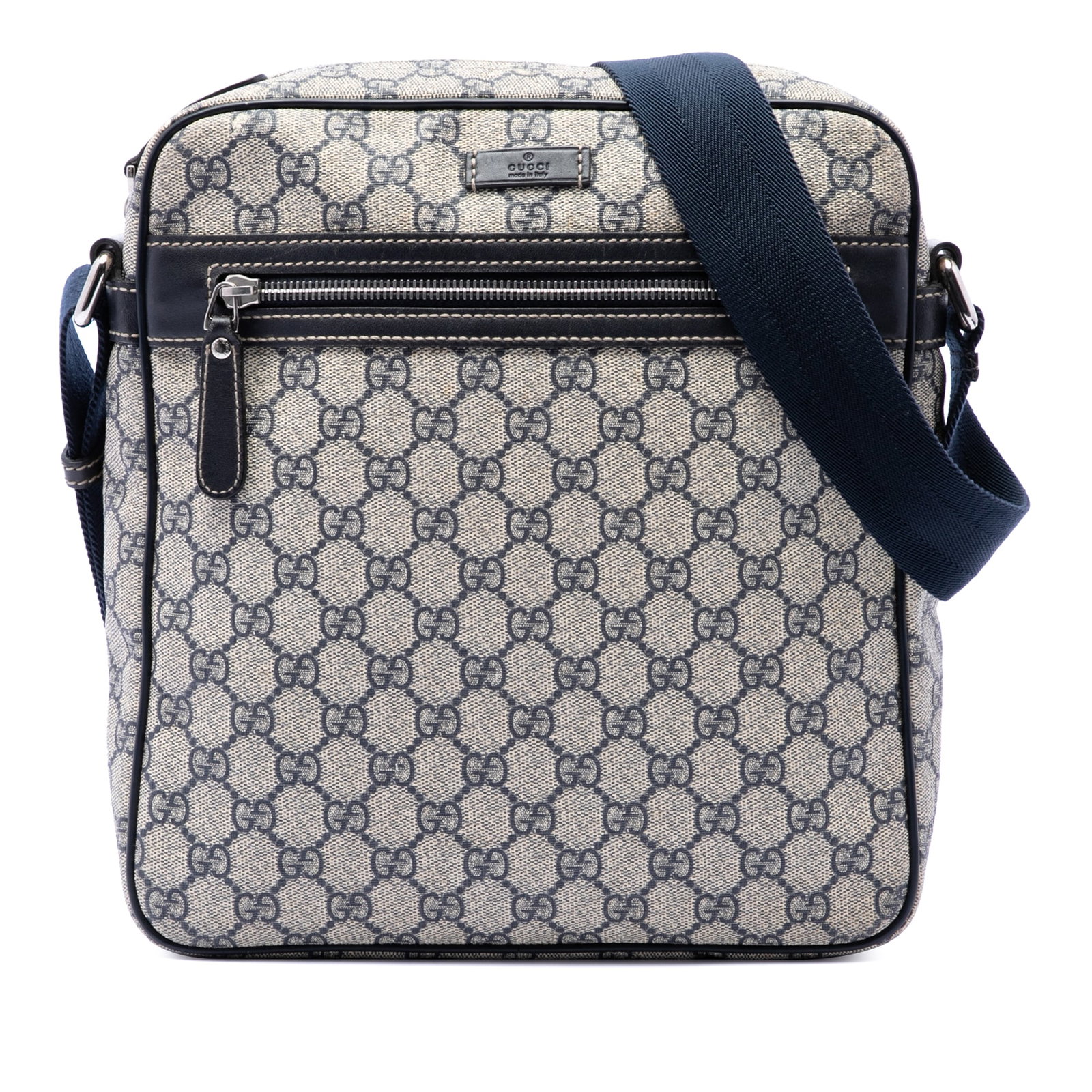Gucci GG Supreme Beige Coated Canvas Crossbody Bag: Gucci GG Supreme Beige Coated Canvas Crossbody Bag Gucci GG Supreme Crossbody bag with a coated canvas body, leather trim, an adjustable flat strap, top zip closure, and an exterior front zip pocket. 