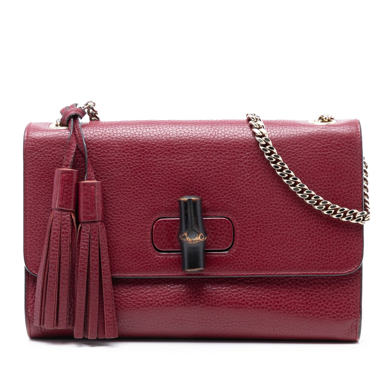 Gucci Miss Bamboo Medium Red Leather Crossbody Bag with Chain Strap: Gucci Miss Bamboo Medium Red Leather Crossbody Bag with Chain Strap This Gucci Medium Leather Miss Bamboo Crossbody bag is crafted from red leather and features tassel accents, a chain link strap, and