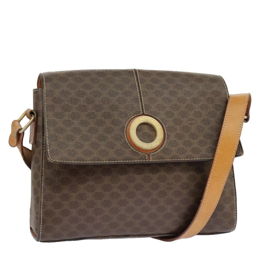 Celine Circle Logo Vintage Macadam Canvas Leather Shoulder Bag: Celine Circle Logo Vintage Macadam Canvas Leather Shoulder Bag This Celine Vintage Macadam Circle Logo Shoulder Bag is crafted from brown canvas with leather accents and features the iconic circle log