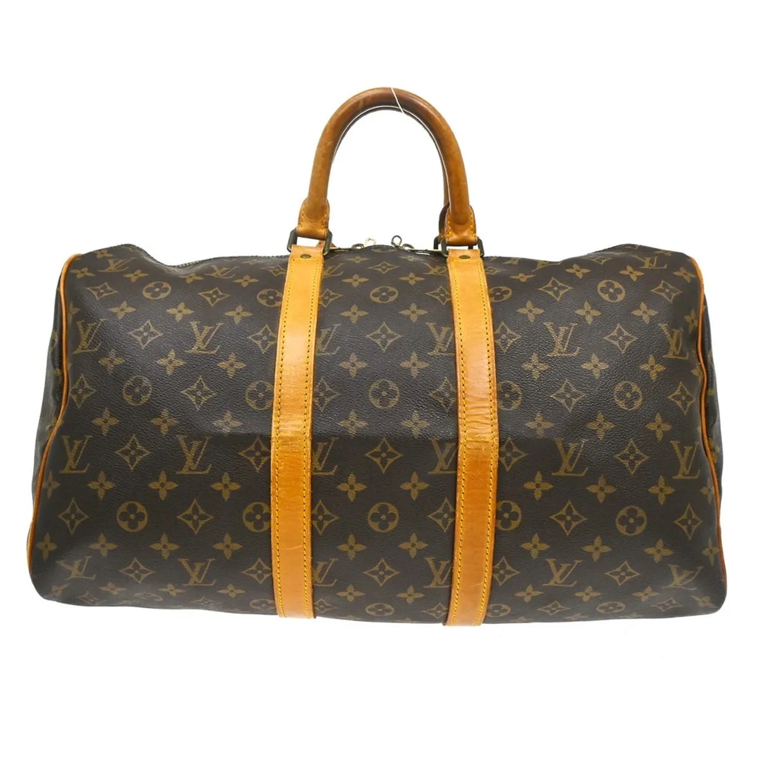 Louis Vuitton Keepall travel bag monogram canvas with name tag: Louis Vuitton Keepall travel bag monogram canvas with name tag Louis Vuitton Keepall in brown monogram canvas. This unisex bag is made in France and is presented in fair condition with visible wear. N
