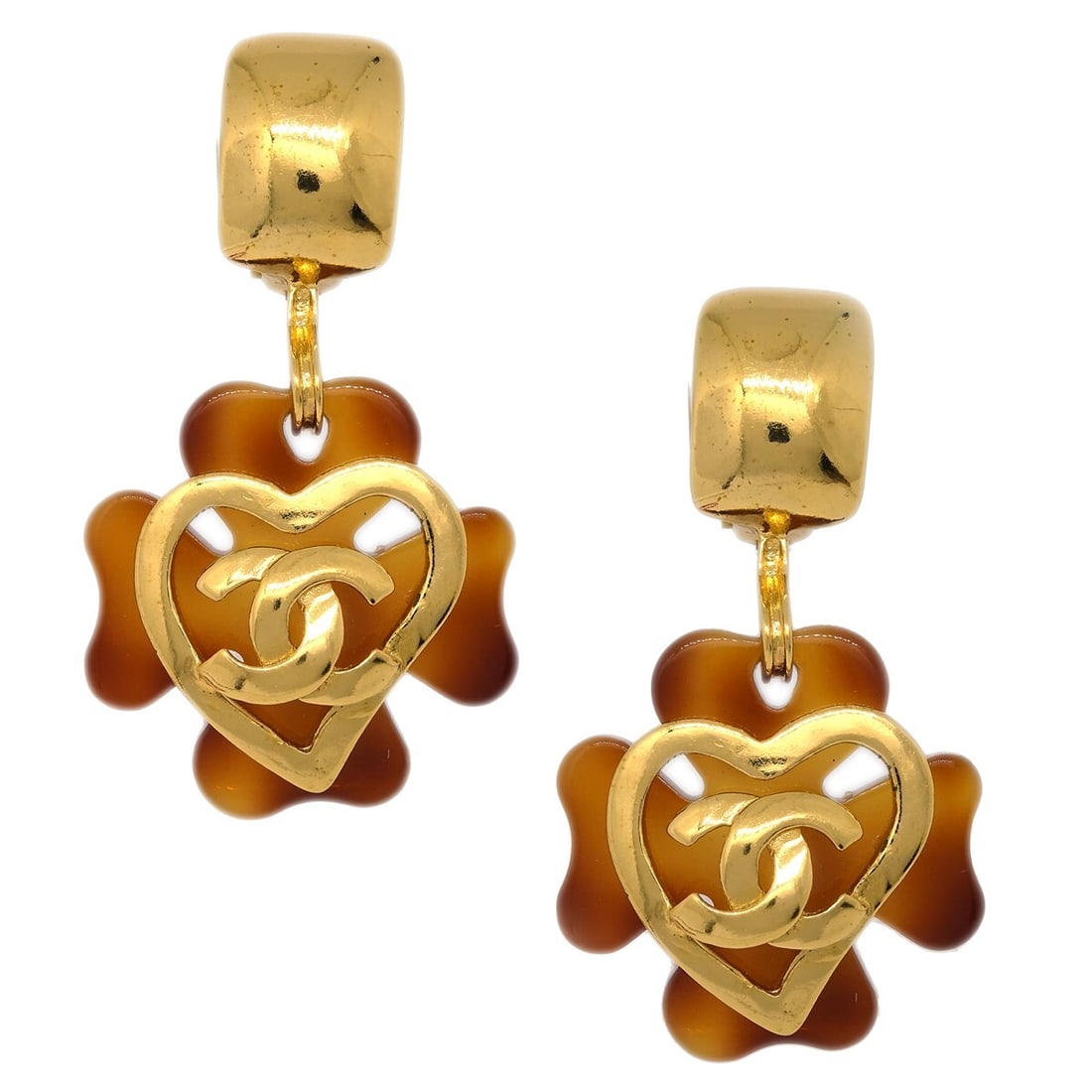CHANEL 95P Clover Clip-On Dangle Earrings Gold Brown: CHANEL 95P Clover Clip-On Dangle Earrings Gold Brown Clip-on Chanel dangle earrings from the 95P collection, finished in gold and brown tones. This pair features a dangle/drop design and comes with a 