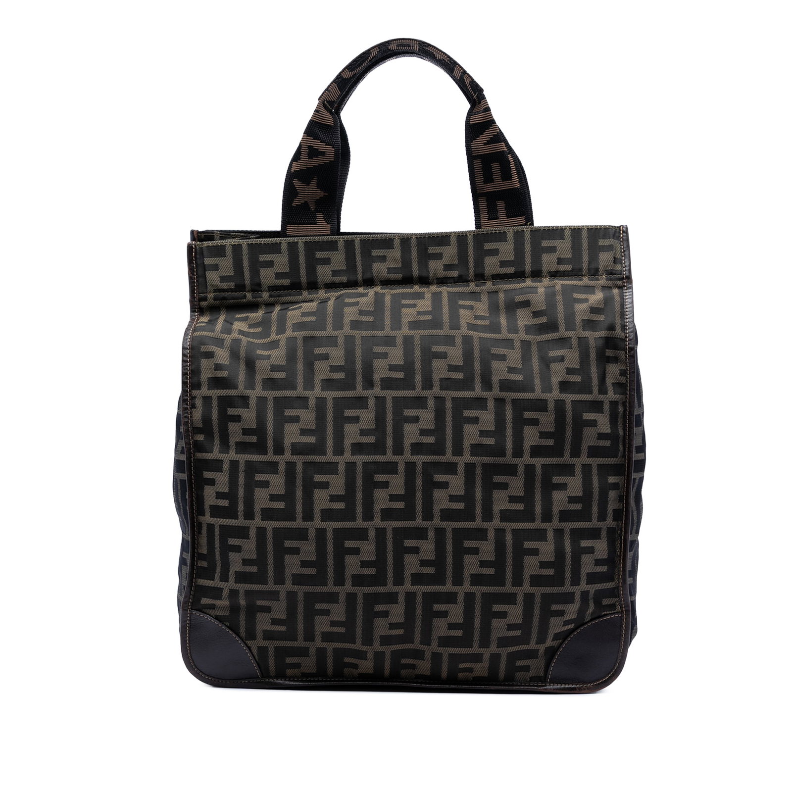 Fendi Brown Zucca Pattern Canvas Tote with Leather Trim: Fendi Brown Zucca Pattern Canvas Tote with Leather Trim This Fendi Zucca Canvas Shopping Tote features a durable canvas body accented with leather trim, flat canvas handles, and an open top secured wi