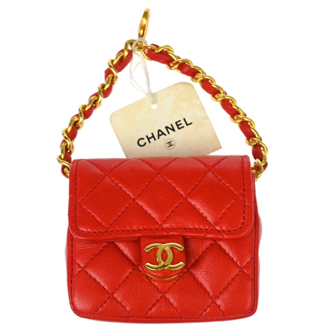 CHANEL Classic Flap Micro Lambskin Charm Pouch Red: CHANEL Classic Flap Micro Lambskin Charm Pouch Red Red lambskin micro bag pouch charm by Chanel with a classic flap design. Made in France, this women's accessory comes with its box. Condition is very