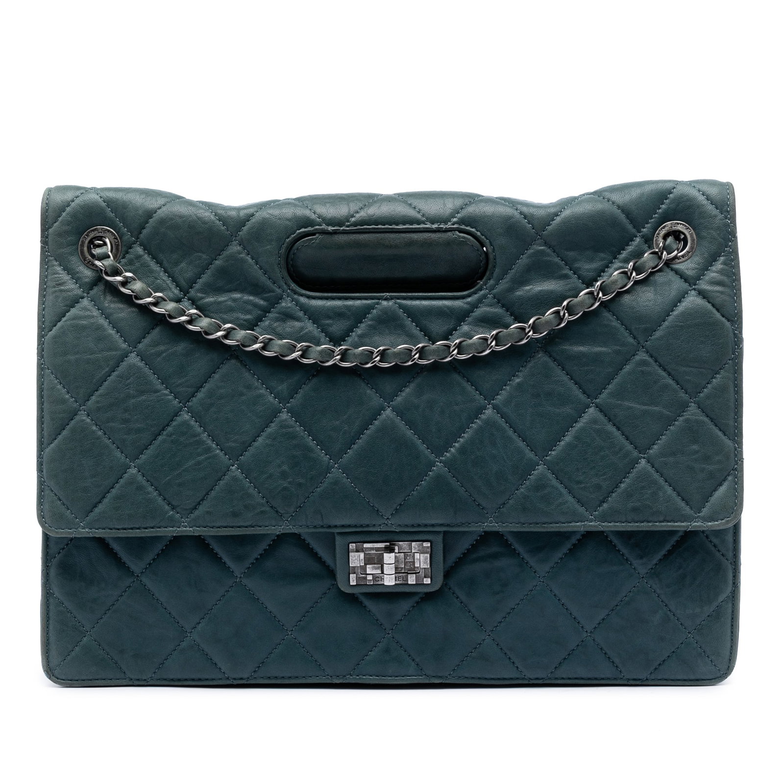 Chanel Paris Byzance Blue Lambskin Flap Bag: Chanel Paris Byzance Blue Lambskin Flap Bag This Chanel Paris Byzance Maxi Washed Lambskin Take Away Flap bag features a quilted blue lambskin leather body with cut-out handles and a leather-woven cha