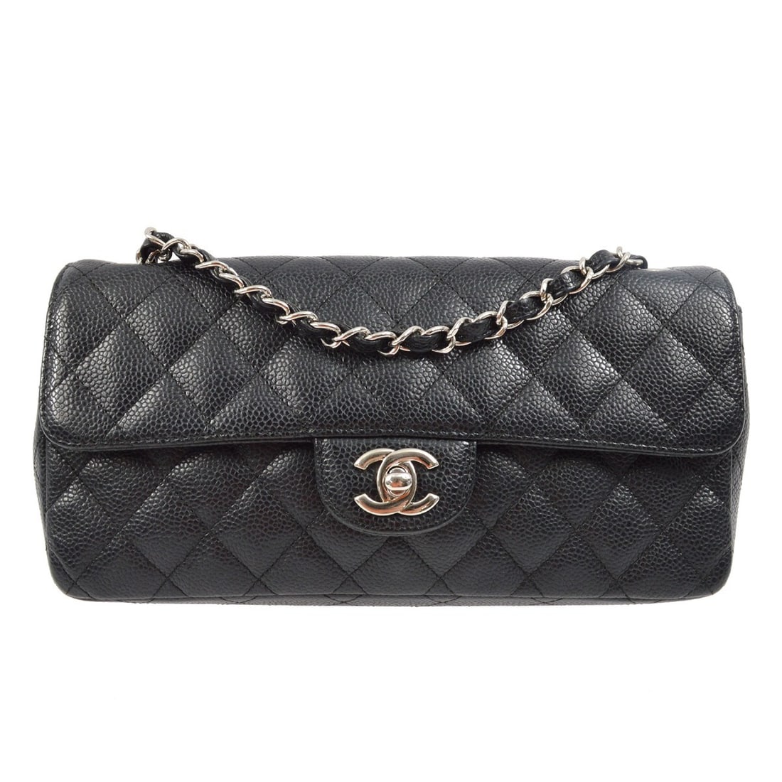 CHANEL East West Chain Shoulder Bag Black Caviar Leather: CHANEL East West Chain Shoulder Bag Black Caviar Leather Chanel East West chain shoulder bag in black caviar skin leather with a matelasse quilted finish and turn-lock closure. This medium shoulder ba